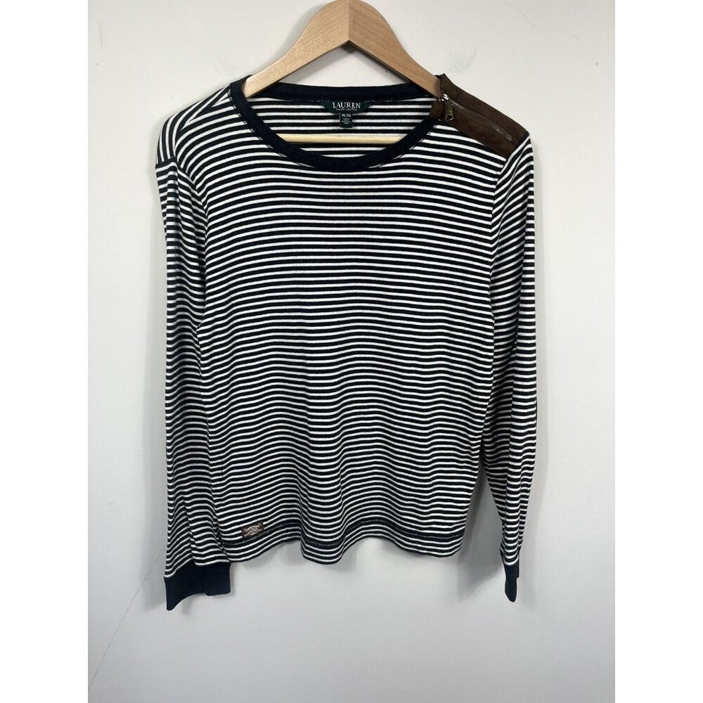 Ralph Lauren Shirt Womens XL Gray White Long Sleeve Elbow Patch Shoulder Zip